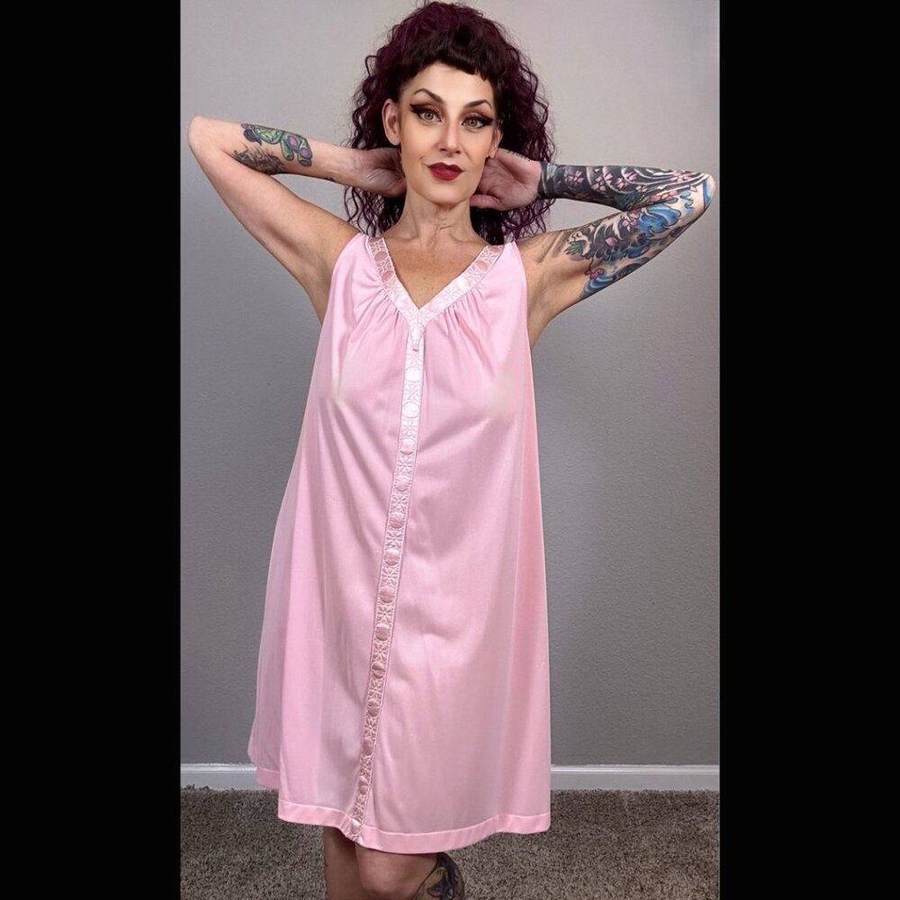 60s Lorraine Pink Slip Dress Chemise Babydoll Floral Solid Boho Aline M